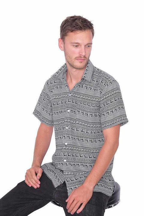 BLACK Short Sleeve Casual Aloha Beach Shirt-Men Shirt-Lannaclothesdesign Shop-Small-Lannaclothesdesign Shop