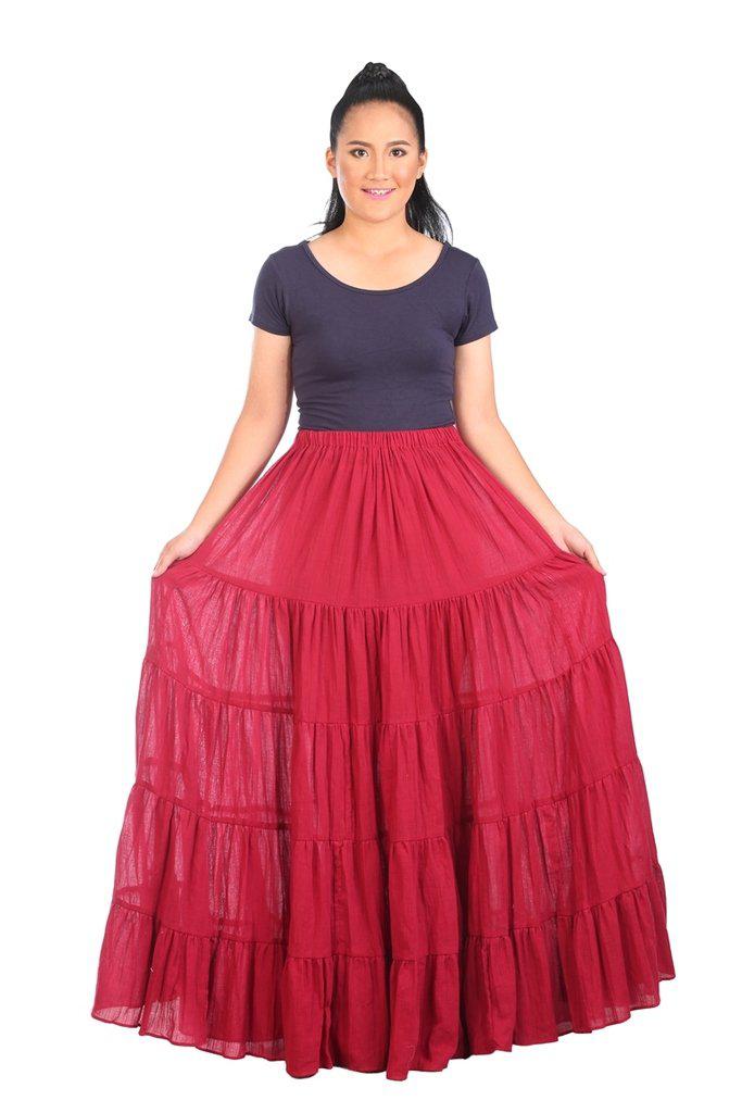 Burgundy Long Cotton Ruffle Maxi Skirt - Lannaclothesdesign Shop