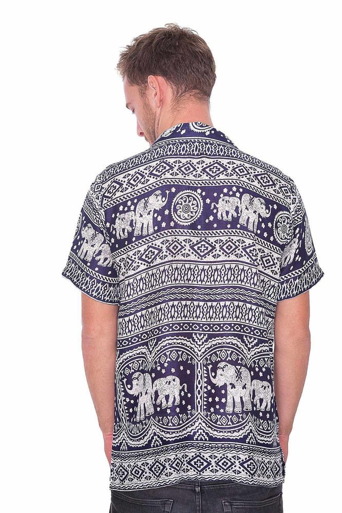 DARK BLUE Elephant Printed Aloha Short Sleeve - Lannaclothesdesign Shop