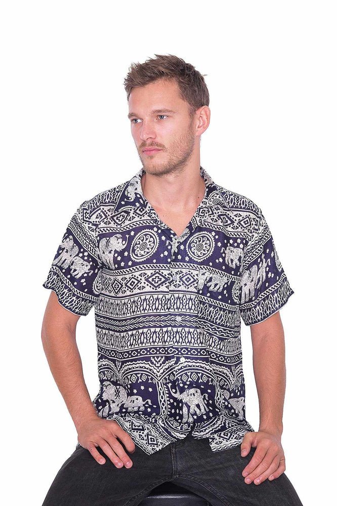 DARK BLUE Elephant Printed Aloha Short Sleeve - Lannaclothesdesign Shop