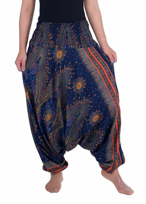 Flower Eye Harem Pants-Harem Jumpsuit-Lannaclothesdesign Shop-Small-Medium-Dark Blue-Lannaclothesdesign Shop