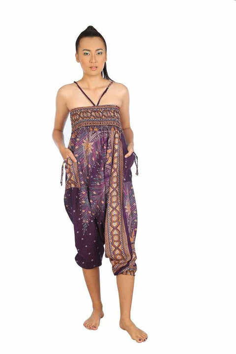 Harem Pants Peacock Print-Harem Jumpsuit-Lannaclothesdesign Shop-Purple-Small-Medium-Lannaclothesdesign Shop