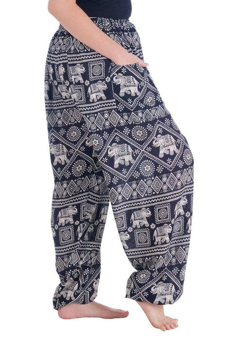 Harem Pants with Elephant Print-Drawstring-Lannaclothesdesign Shop-Lannaclothesdesign Shop