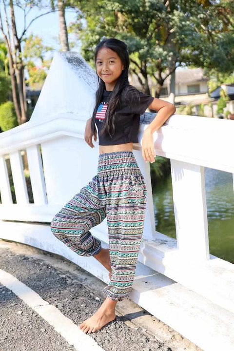 KIDS HAREM PANTS Teal Boho-Kids Boho Pants-Lannaclothesdesign Shop-2 Years-Printed Green-Lannaclothesdesign Shop