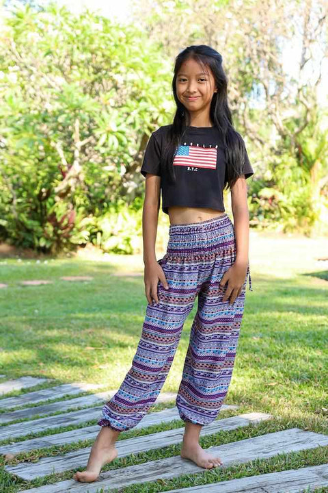 KIDS HAREM PANTS Teal Boho-Kids Boho Pants-Lannaclothesdesign Shop-2 Years-Printed Purple-Lannaclothesdesign Shop