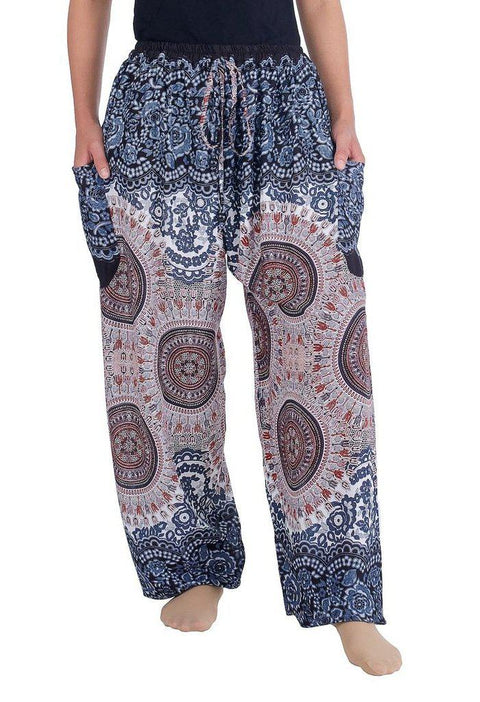 Mandala Harem Pants with Drawstring-Drawstring-Lannaclothesdesign Shop-Small-Black White-Lannaclothesdesign Shop