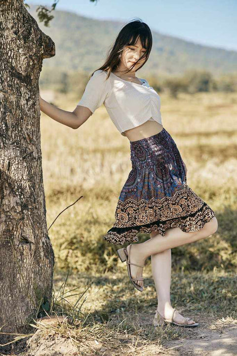 SHORT MANDALA BOHO SKIRT-Rayon Skirt-Lannaclothesdesign Shop-Size XS/S-Brown-Lannaclothesdesign Shop