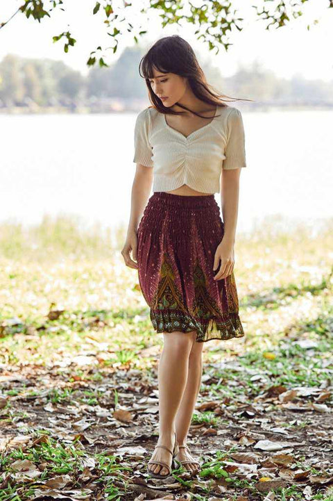 SHORT PEACOCK BOHO SKIRT-Rayon Skirt-Lannaclothesdesign Shop-Size XS/S-Burgandy-Lannaclothesdesign Shop