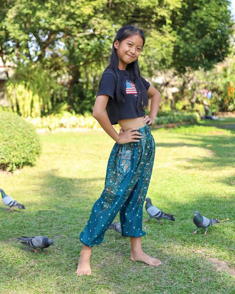 TEAL PEACOCK PANTS Kids Harem Pants-Kids Boho Pants-Lannaclothesdesign Shop-Lannaclothesdesign Shop