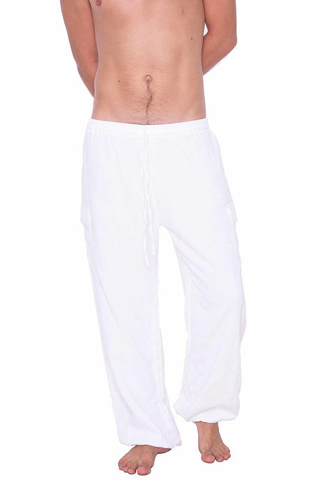 White Cotton Pants w/ Elastic Ankles-Men Pants-Lannaclothesdesign Shop-Lannaclothesdesign Shop