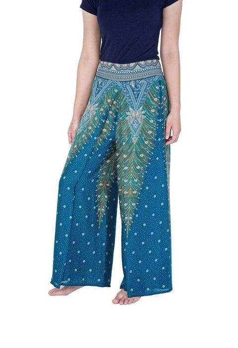 Wide Leg Pants with Peacock Design-Wide Leg-Lannaclothesdesign Shop-Lannaclothesdesign Shop