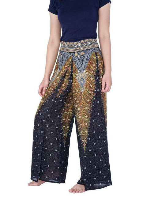 Wide Leg Pants with Peacock Design-Wide Leg-Lannaclothesdesign Shop-Lannaclothesdesign Shop