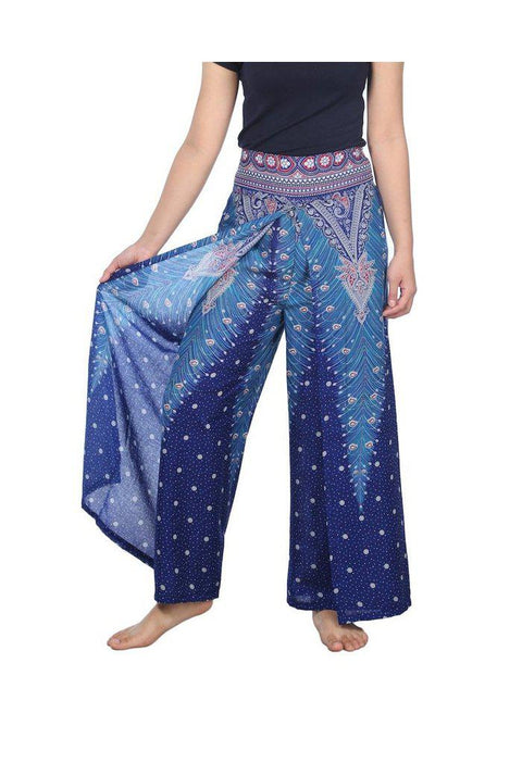 Wide Leg Pants with Peacock Design-Wide Leg-Lannaclothesdesign Shop-Small-Blue-Lannaclothesdesign Shop