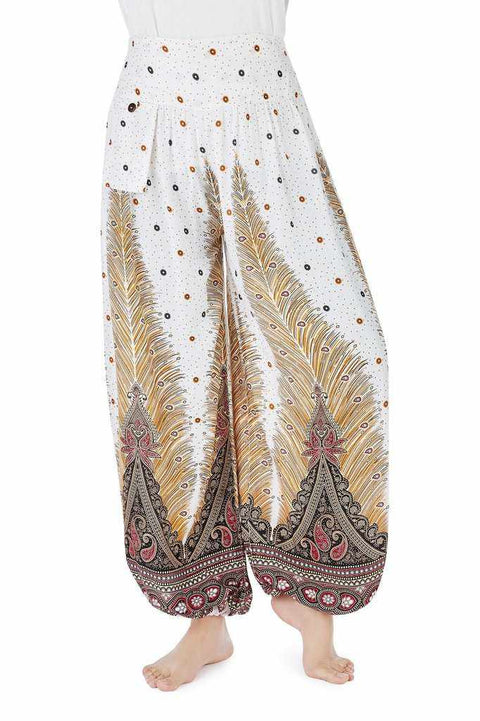 Women White Harem Pants - Peacock-Jenny Pants-Lannaclothesdesign Shop-Lannaclothesdesign Shop