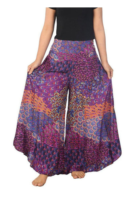 Womens Colorful Peacock Palazzo Pants-Palazzo-Lannaclothesdesign Shop-Small-Purple-Length 37"-Lannaclothesdesign Shop